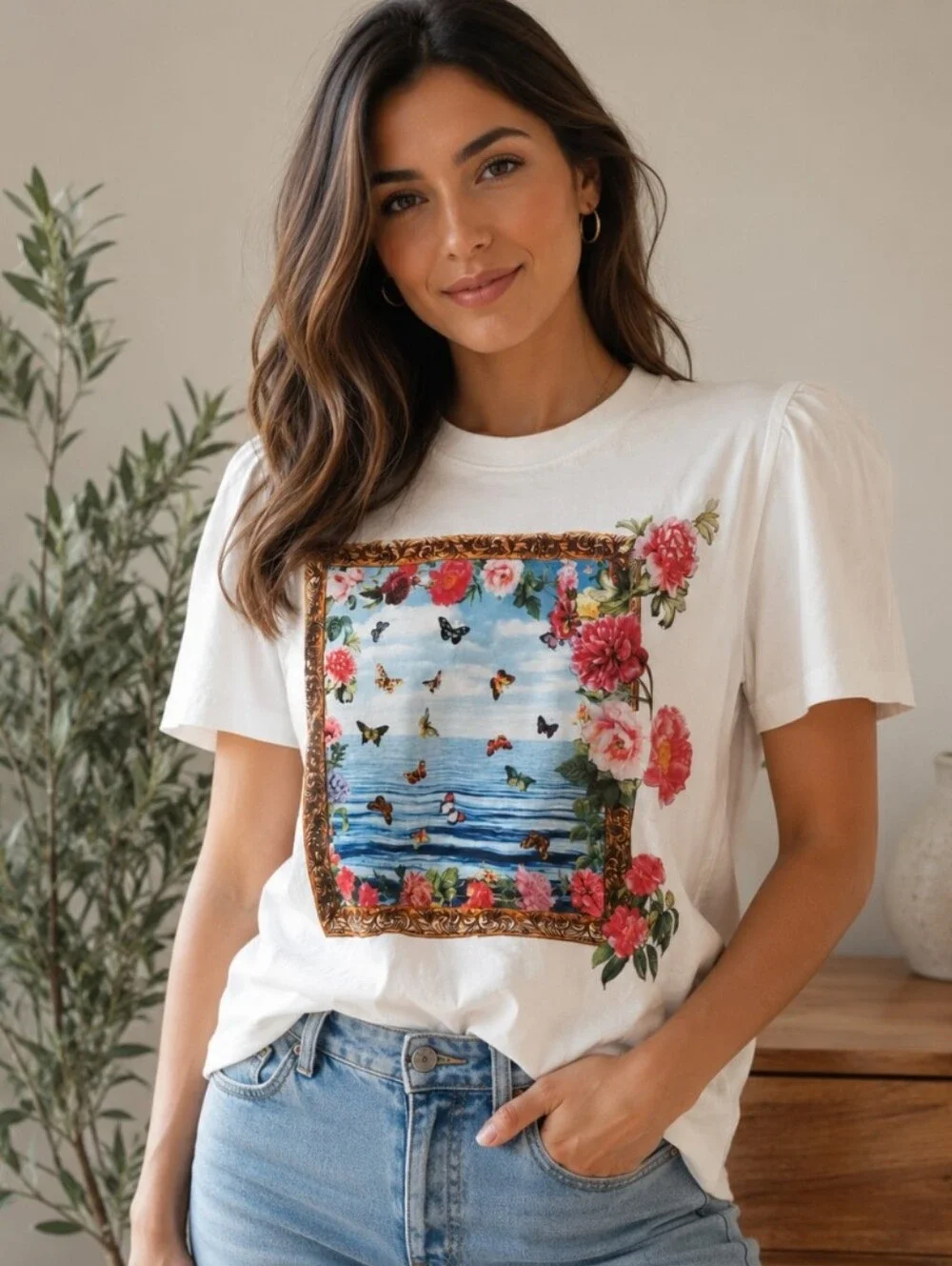 Johnny Was Floral Frame Ocean Print in Blue, Pink, Green, Gold